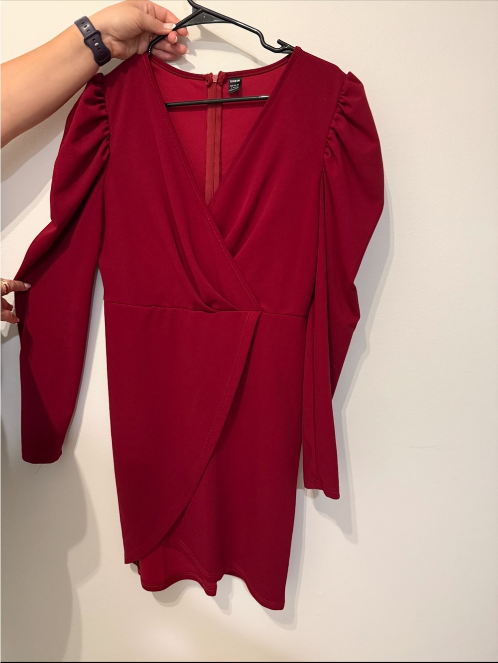 SHEIN Burgundy Puff-Sleeve Wrap Mini Dress